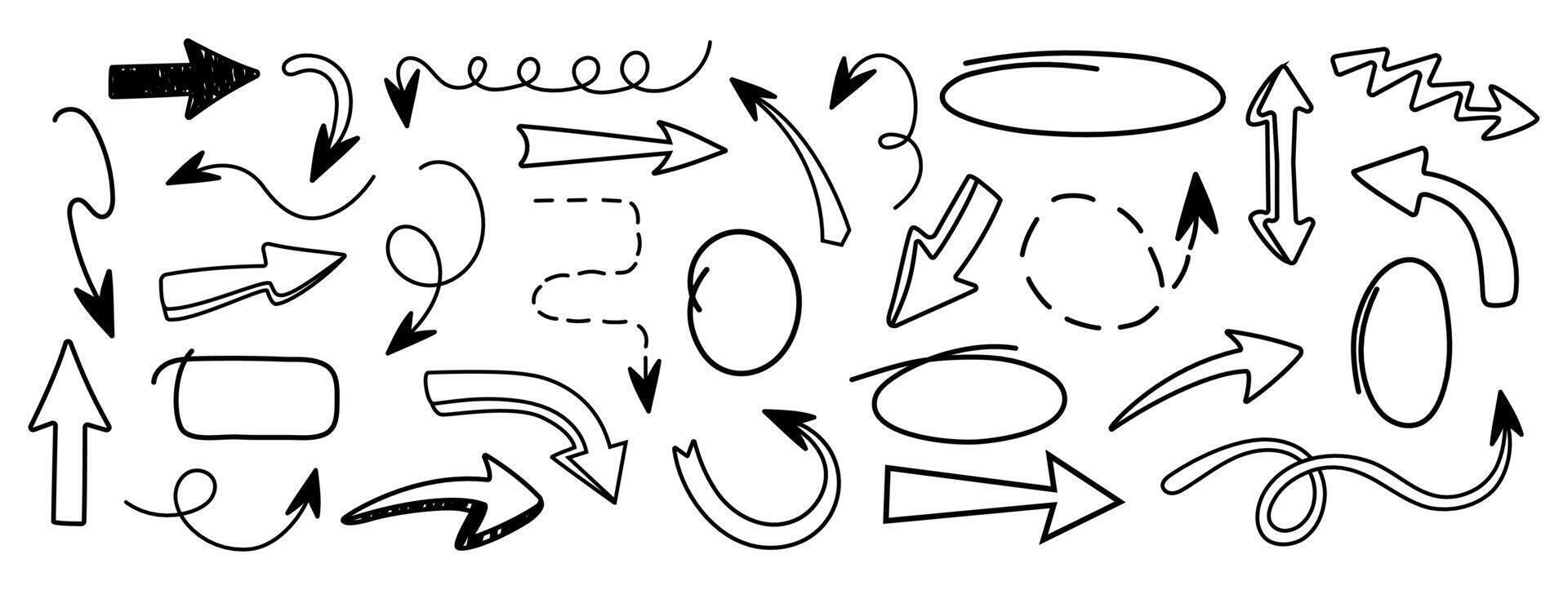 Set of arrows in trendy style. Hand drawn and doodle. Textbox and bubbles. Frame. Editable stroke. Pencil and texture. Elements, shapes for design. Line and underline. Mark. Curves. Scribble vector