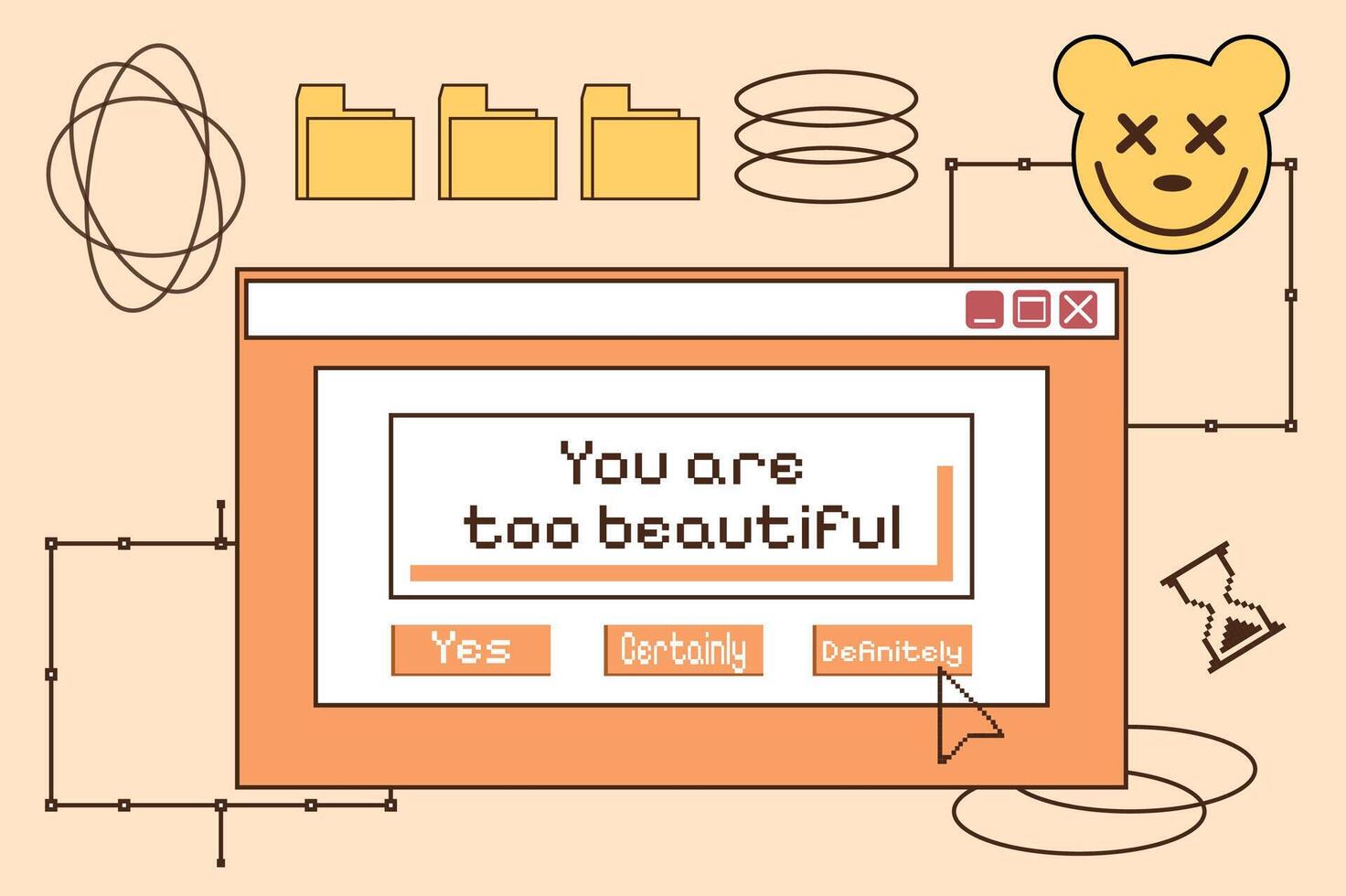 Groovy set in y2k style. Retro collection of browser popup icons. Personal computer, laptop. Psychedelic and hippie design. 00s aesthetic. 2000s. Textbox. Illustration. Comic vector