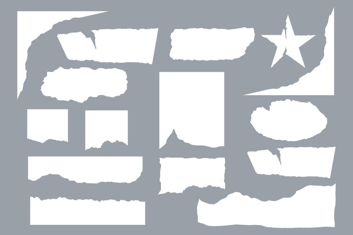 Collection of sheets of torn paper. Place for textbox, frame. Grunge texture. Set of scraps. Notebook and collage. Sample. Pieces. Jagged edges. Newspaper. Trendy modern design. Doodle elements vector
