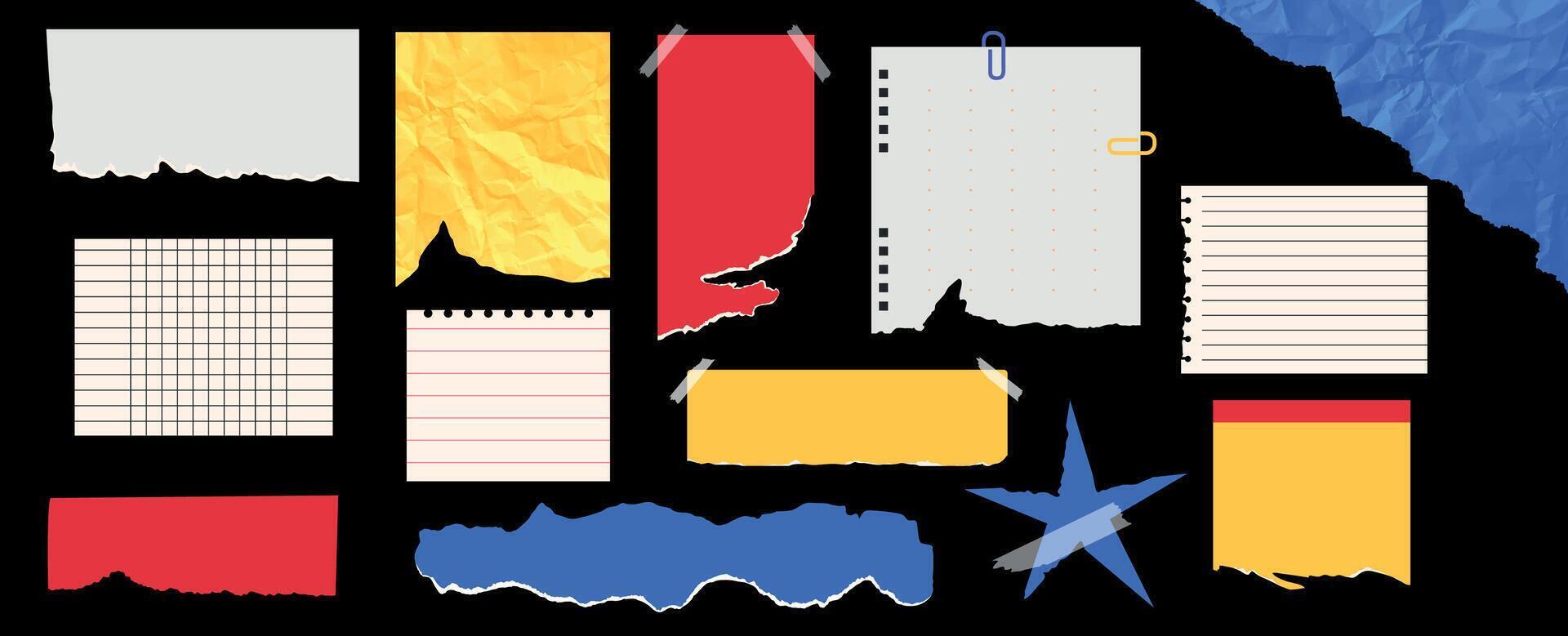 A large set of notes, crumpled torn paper. Jagged edges. Collage. Frame and textbox. Concept from scrap on a black background, newspaper fragments and tape. Trendy design elements. Template. Old notes vector