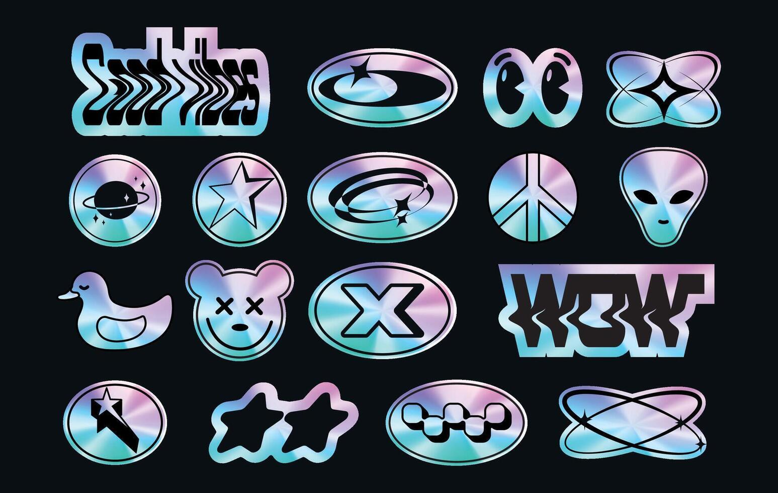 A set of sticker packs in y2k style. Holographic. 3d Retro futuristic design. Foil labels. Elements. Nostalgia. Trendy Psychedelic. . Gloss and reflect. Chrome. Abstract. Holo. Cyber. Template vector