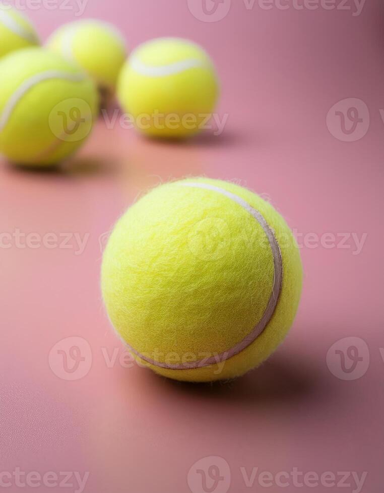 A tennis ball sits in front of three other tennis balls on a pink surface photo