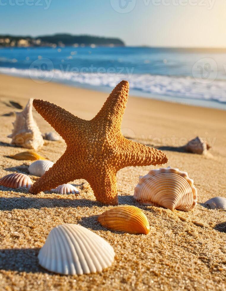 A starfish lays on the sandy beach next to seashells photo