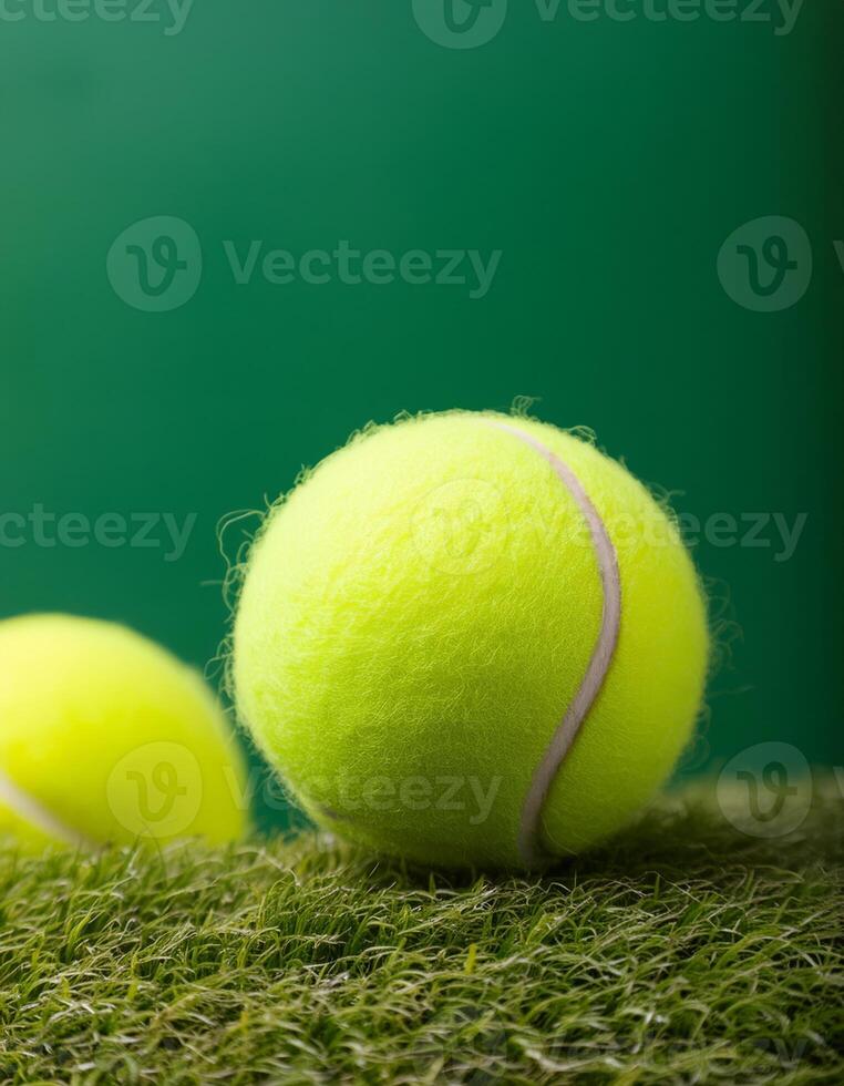 A tennis ball rests on a bed of green grass photo