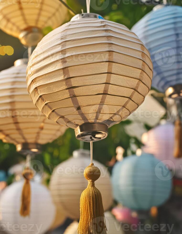 A cluster of paper lanterns with tassels hang in a garden photo