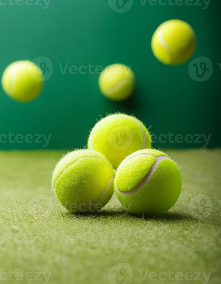 Three tennis balls on a green court with one tennis ball flying in the air photo