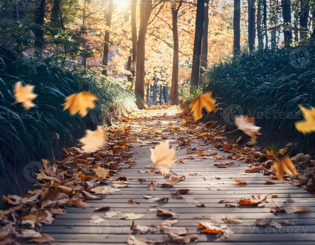 A wooden path lined with trees and covered in fallen leaves photo