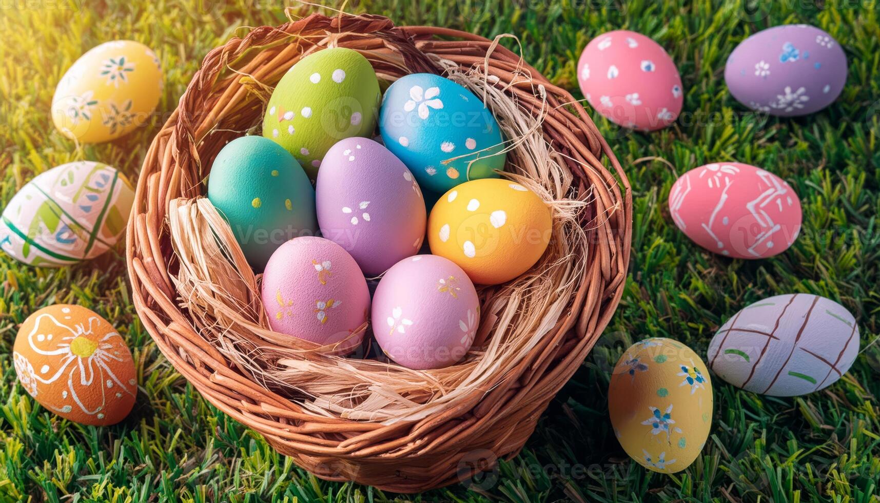 A basket of colorful Easter eggs nestled in a bed of green grass photo