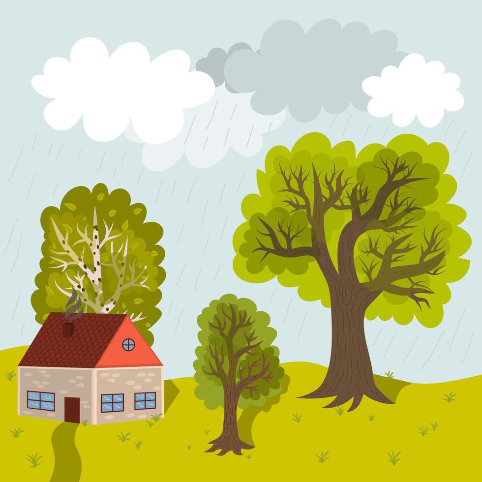 A cute country house with trees around it on a summer rainy day. Landscape in cartoon style, for children book, games, postcards etc. vector