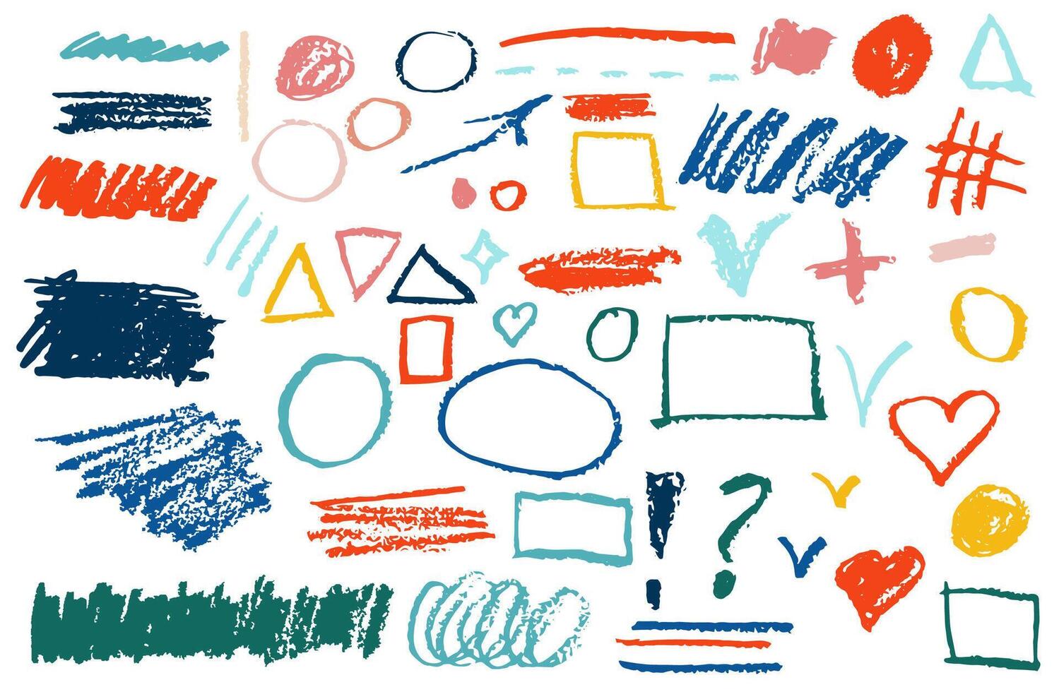 Colorful textured oil pastel brush strokes, circles, geometric shapes check boxes, signs and hearts. Grunge textured shapes set isolated on white. vector
