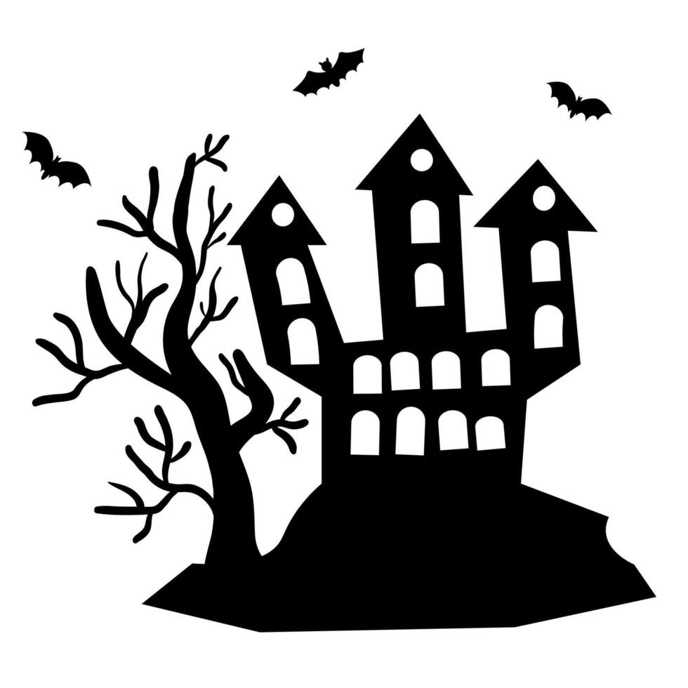 Happy Halloween holiday card with abandoned castle with bats and spooky trees. vector