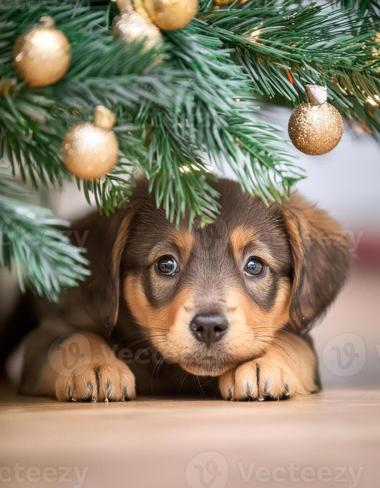 A puppy peeks out from under a Christmas tree photo