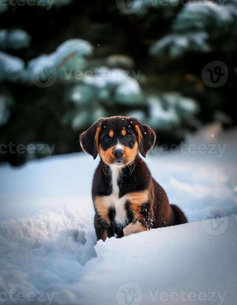 A black and brown puppy sits in the snow with a curious expression photo