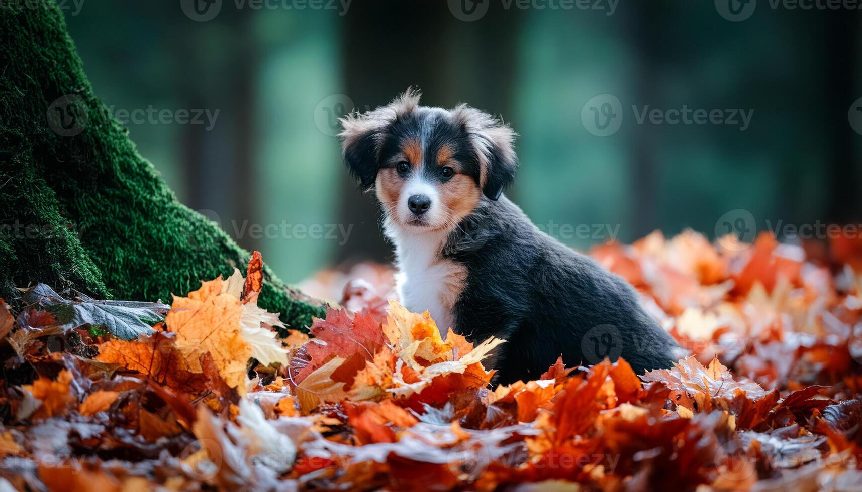 A black and white puppy sits in a bed of autumn leaves photo