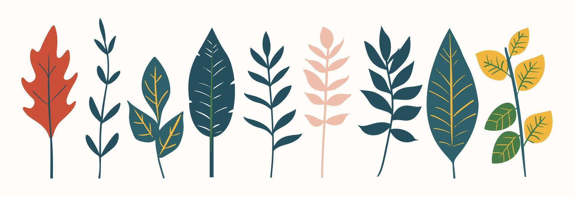 Tree and leaf collection hand drawn flat design element. botanical set of bare trees and ones with leaves and lush limited pastel color vector