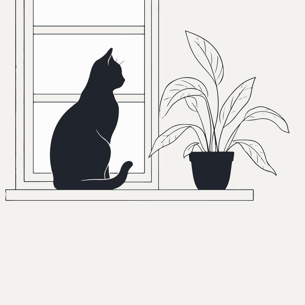 outline of a cat sitting in a window vector