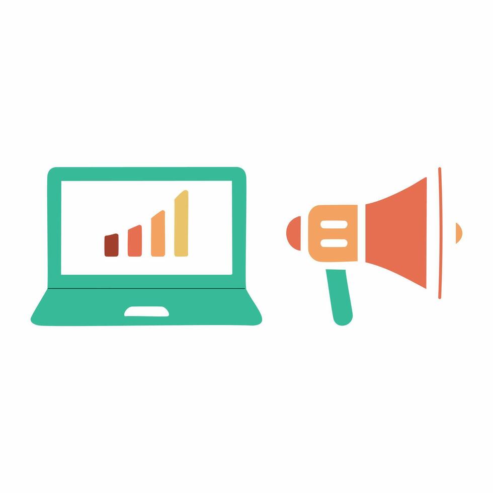 laptop displaying an upward graph with a megaphone vector