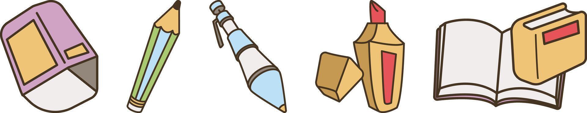 A line of school supplies including a pencil, a pen, a marker, a book, and a folder vector