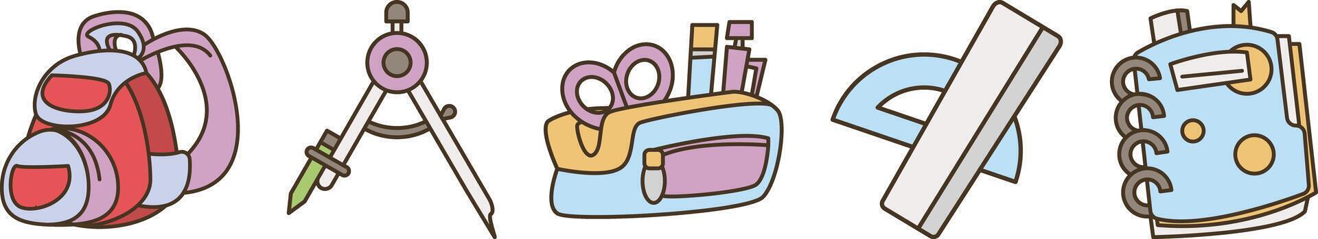A row of school supplies, including a backpack, a ruler, a pencil case, a pair of scissors, and a calculator. The supplies are arranged in a neat and orderly fashion vector