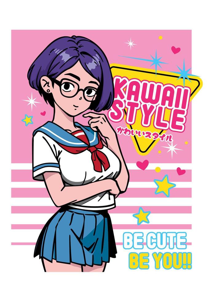 Anime girl with cute school uniform illustration. Tokyo Japan school girl in anime manga style with Y2k, cyberpunk, retrofuturism. Girl anime female manga cartoon. Japanese text is Kawaii Style vector