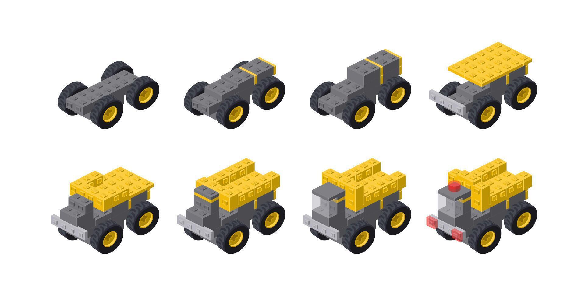 Step-by-step construction of a dump truck in isometry. vector