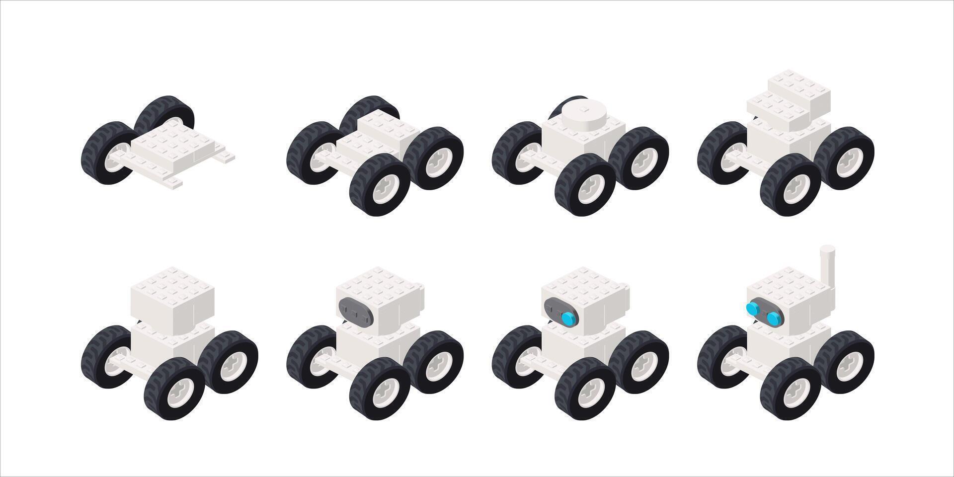 Step-by-step assembly of a white robot in isometry. vector