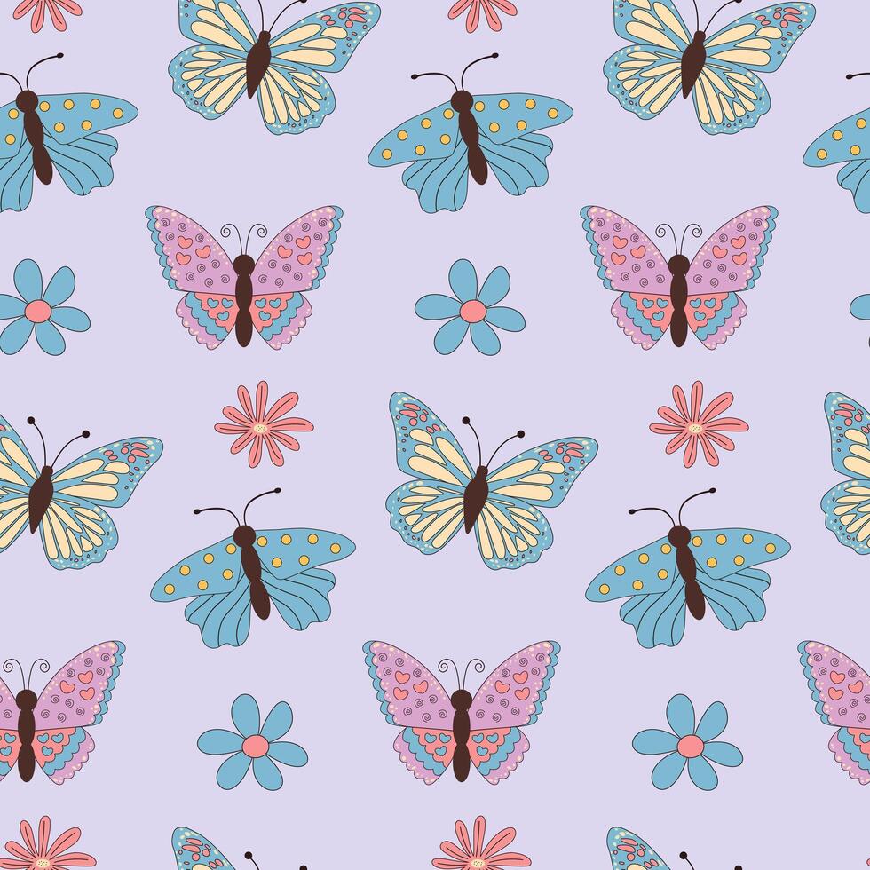 Butterflies and flowers seamless pattern. Floral repeat background for fabrics or wallpapers. vector