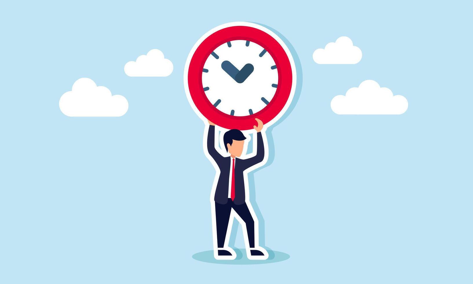 Time management failure overworked office worker struggles to find time for family and loved ones, concept of depressed businessman salary man carry heavy big clock burden. vector