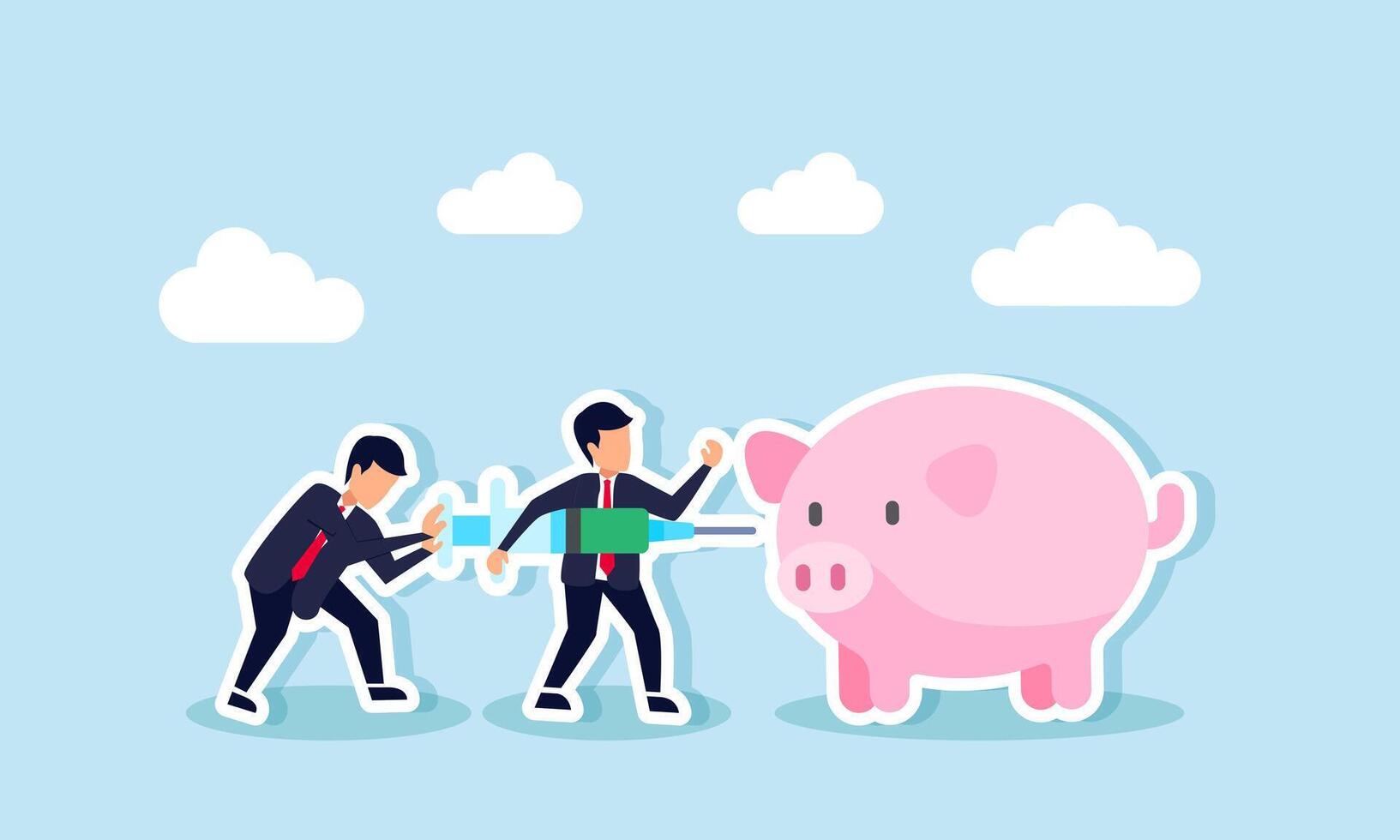 Economic stimulus are key monetary policies during financial crises or recessions, concept of A businessman from the central bank injects money as medicine into a broken piggy bank vector
