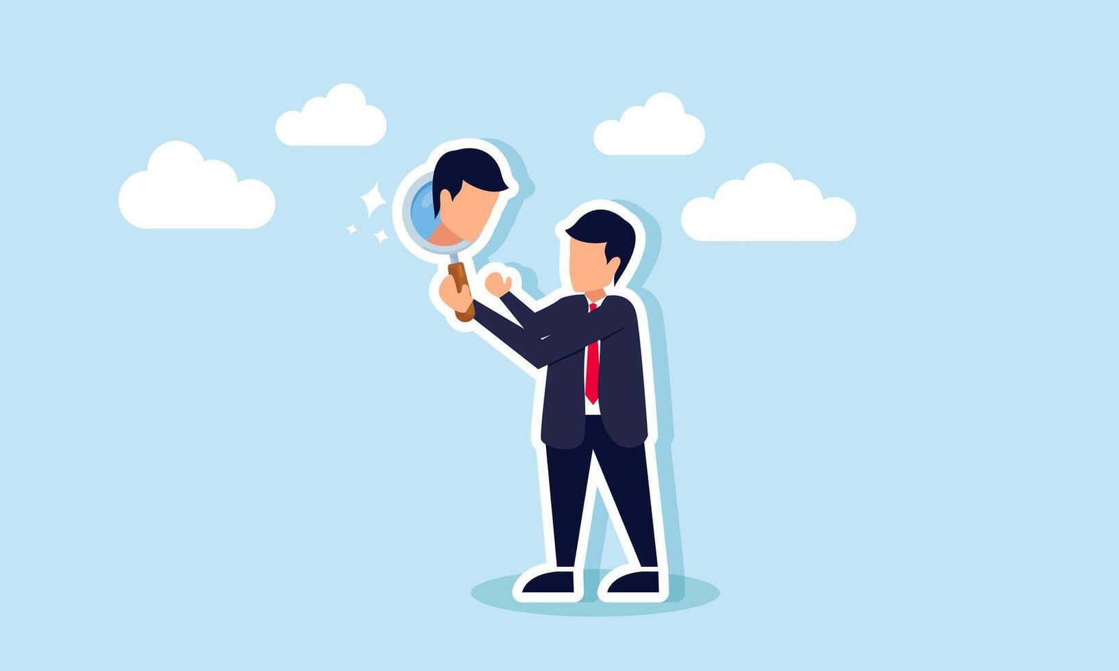 Self awareness involves recognizing, where behaviors and feelings become the focus of attention, Concept of businessman found himself from mirror thinking about self awareness vector