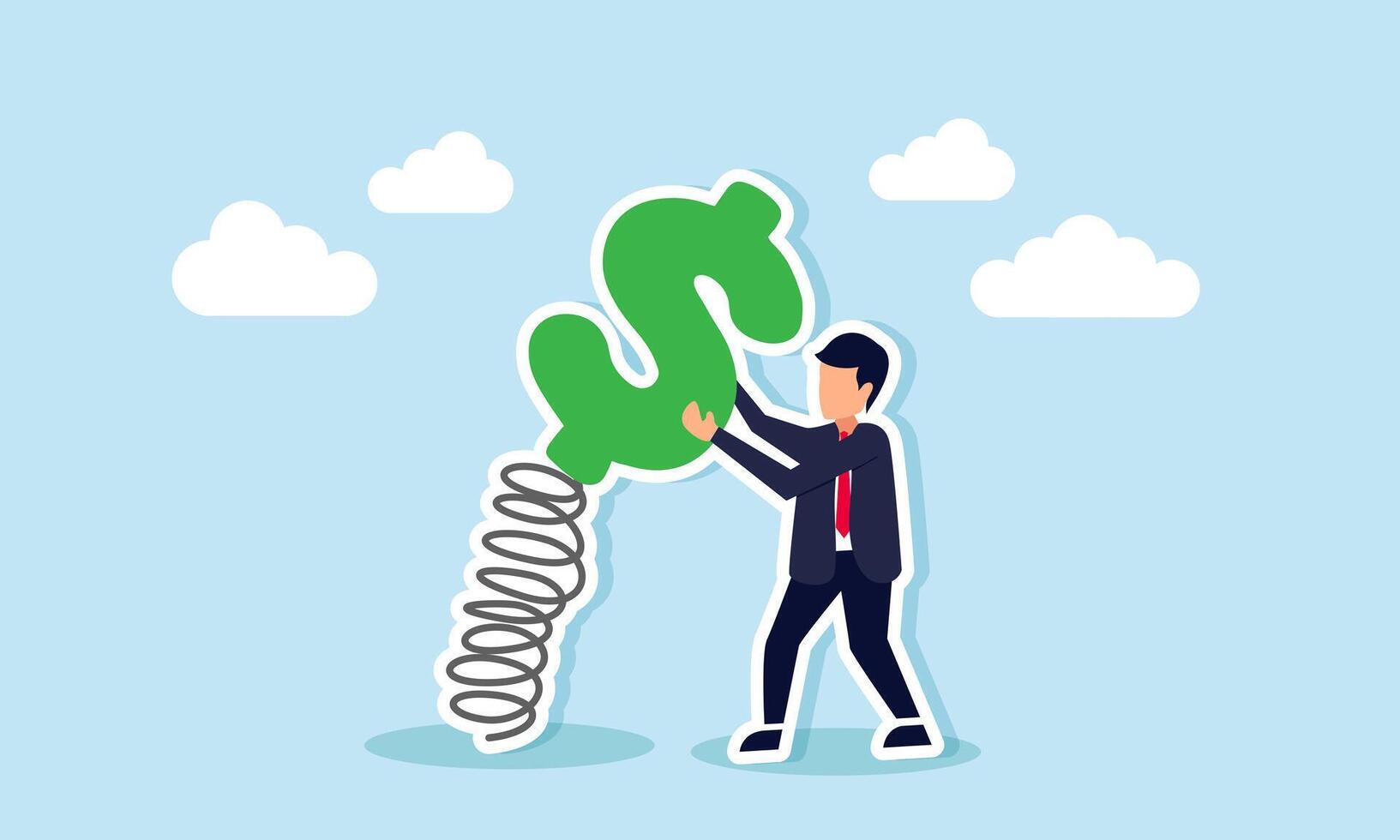 Stock market volatility fluctuations driven by investor greed, fear, and financial investment risk, concept of A businessman investor tries to grab and pull a dollar sign tied to a spring vector