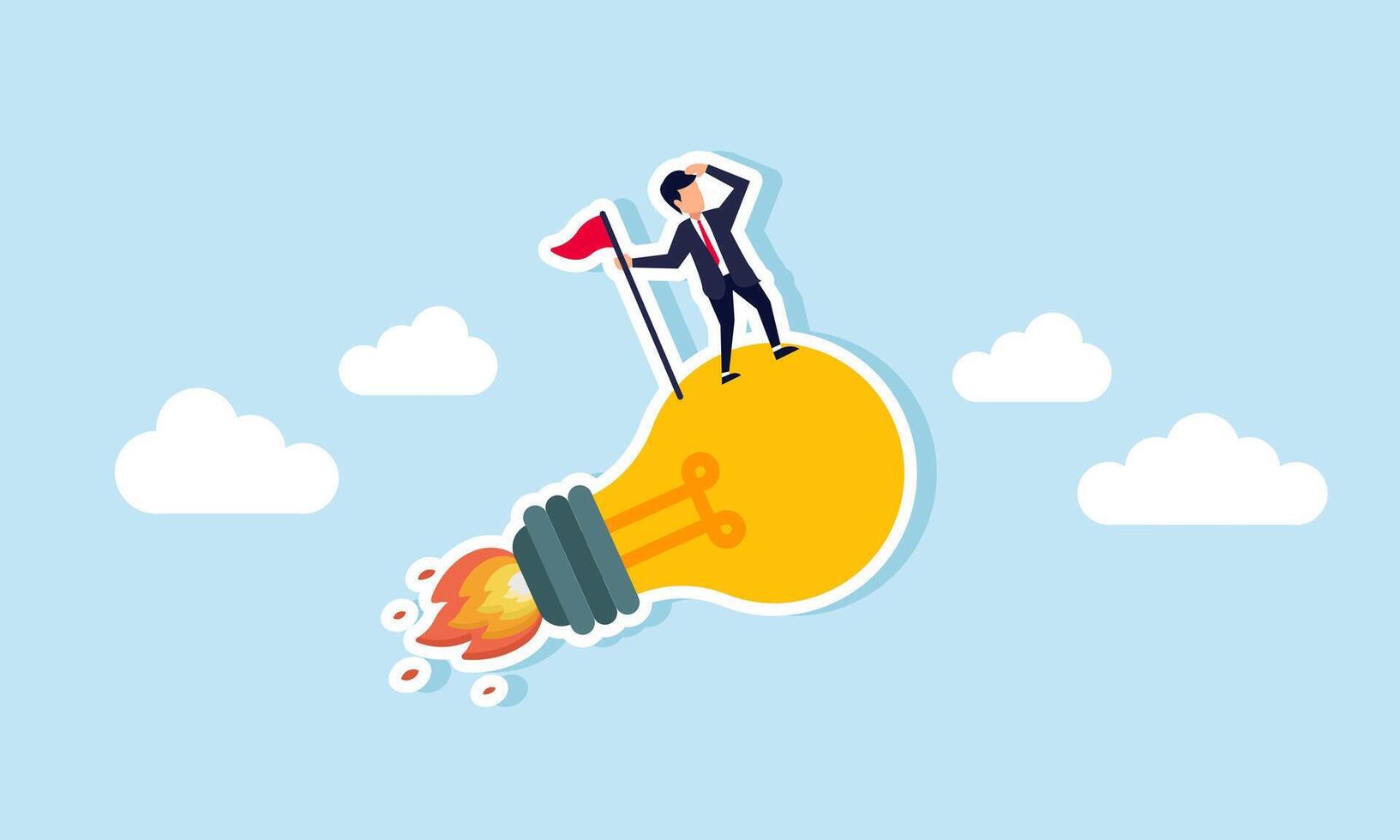 A successful business idea, innovation, or invention enables entrepreneurs to start new ventures and achieve career goals, concept of businessman holding winner flag riding flying lightbulb idea vector