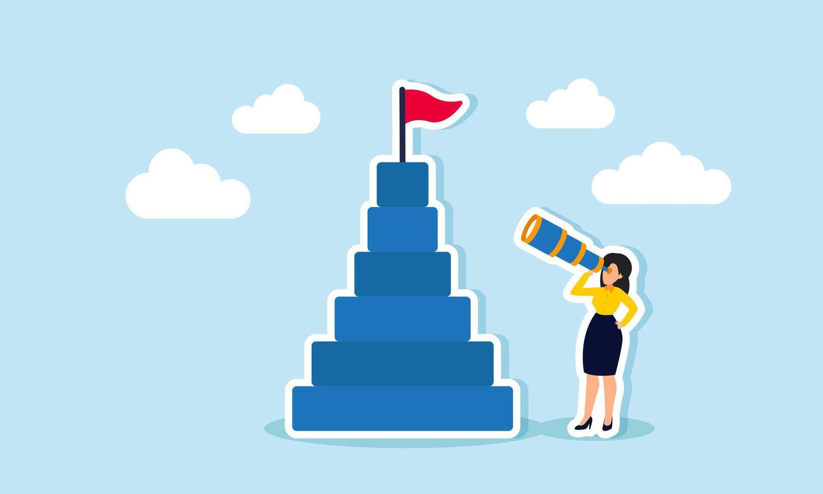 a visionary sees business opportunities or career paths, embarking on a journey to reach goals, concept of A smart businesswoman looks through a telescope at a target atop the stairway vector