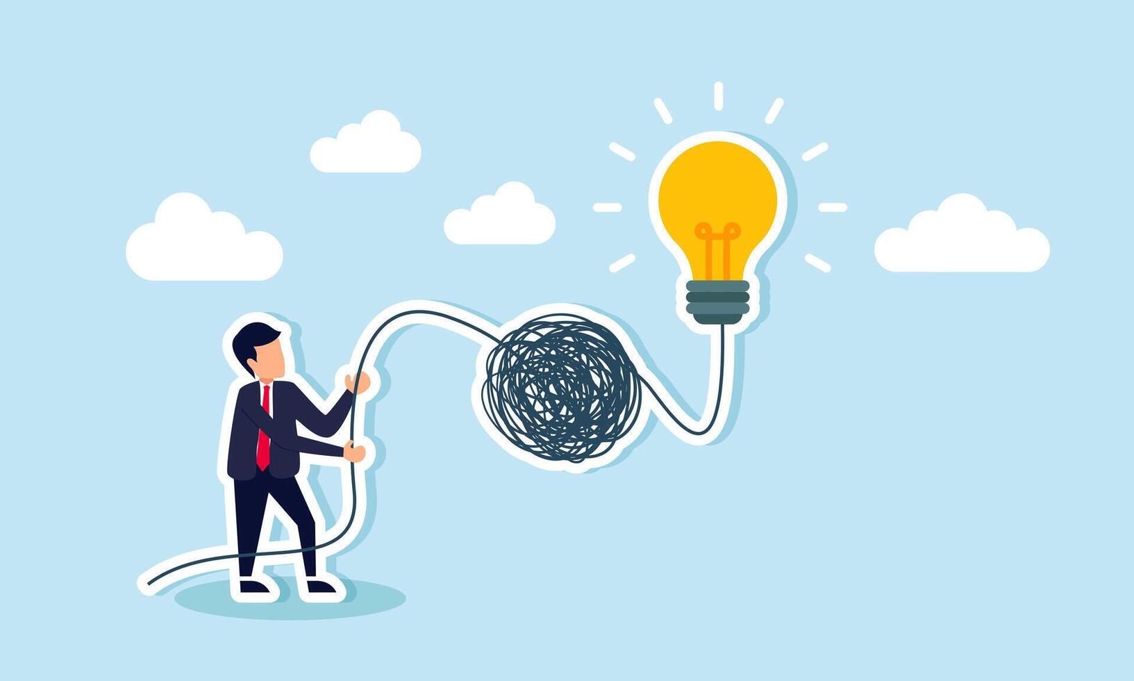 Simplifying complex business ideas to find solutions for chaotic situations, concept of Smart businessman untangles a messy line of ideas, simplifying problems to spark new solutions vector