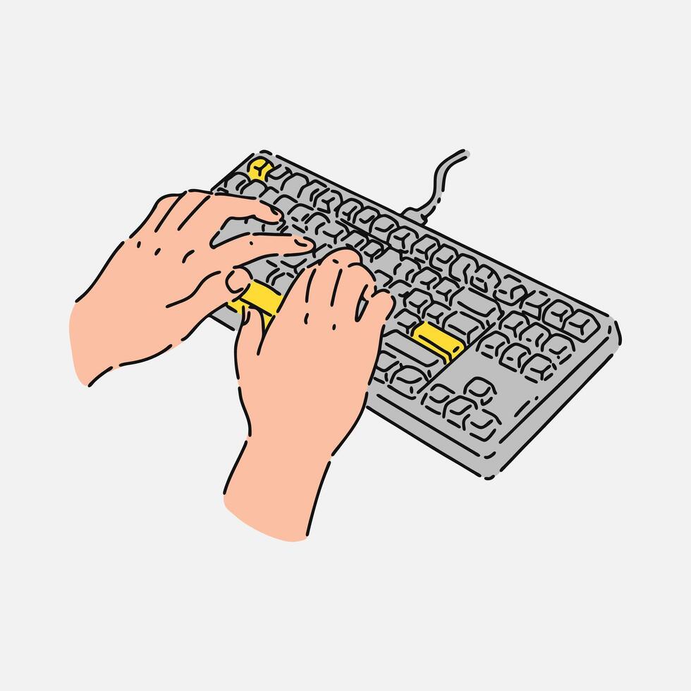 hand holding Keyboard in line art style with color. isolated on white background. hand drawn illustration. vector