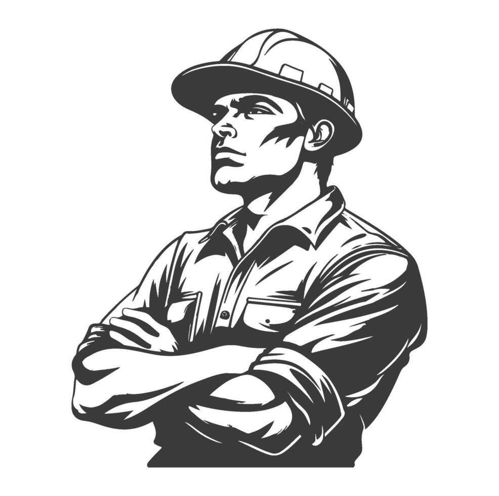 construction workers wearing hard hats, safety glasses, and overalls with arms crossed vector