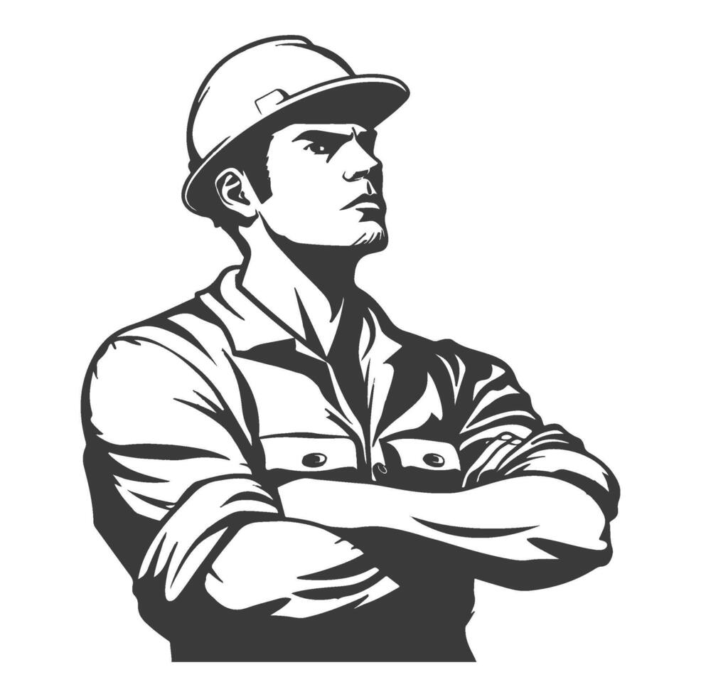 construction workers wearing hard hats, safety glasses, and overalls with arms crossed vector