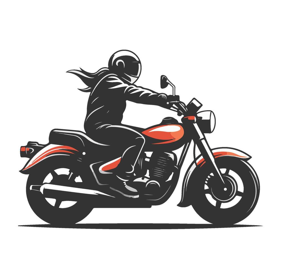 side view Person riding red motorcycle, black helmet, white background, illustration, vector