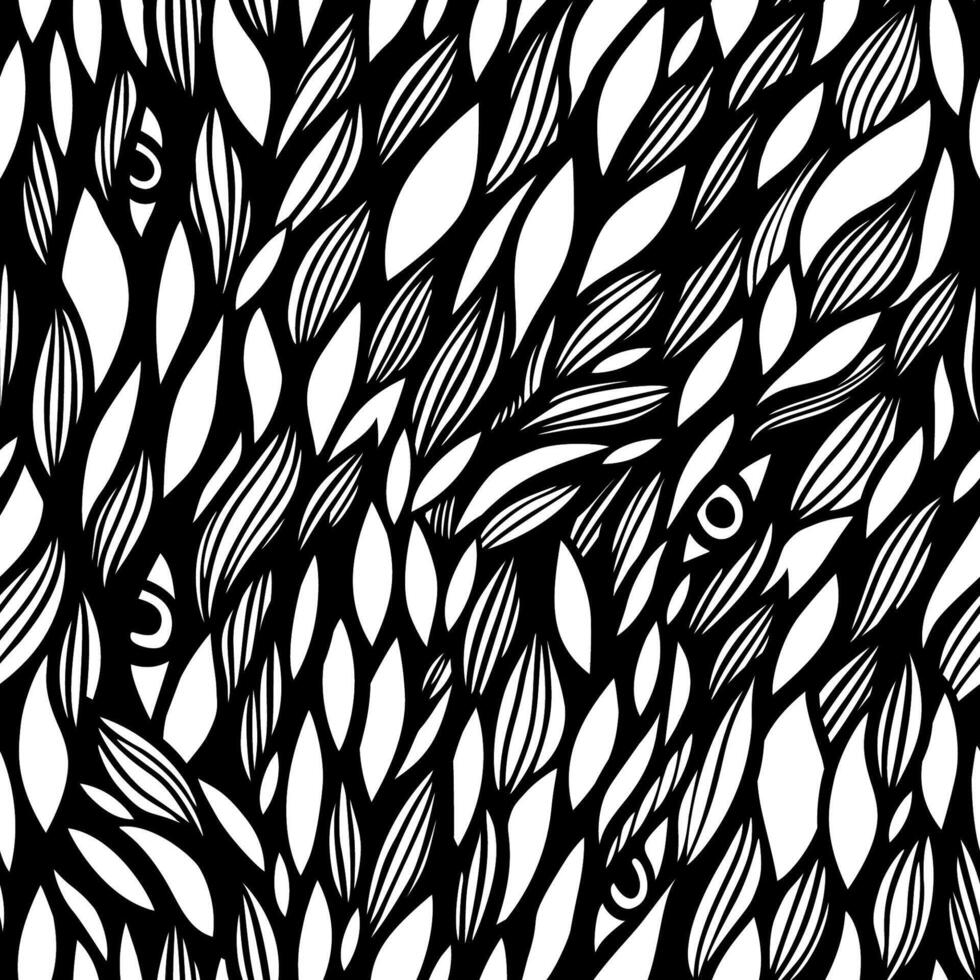 The graphic pattern of leaves, waves, and eyes. Black and white hand-drawn seamless pattern. vector