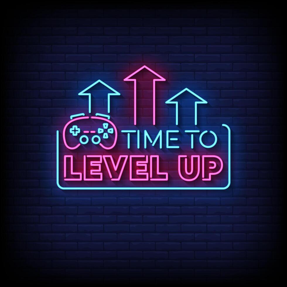 time to level up neon sign with brick wall background vector