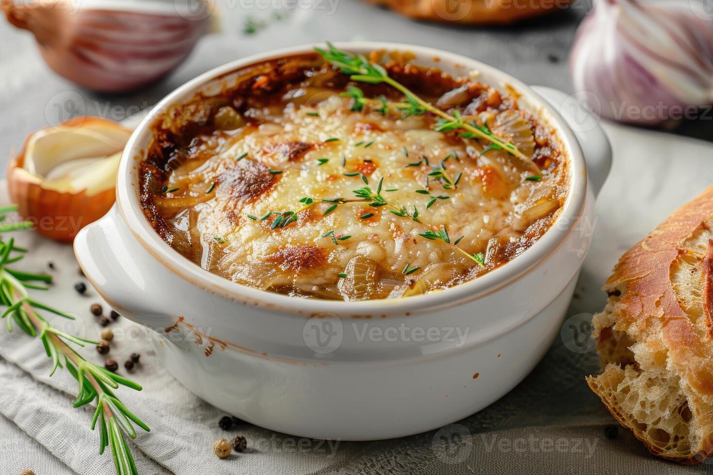 Delectable French Onion Soup in Ceramic Bowl Topped with Melted Cheese and Fresh Herbs photo