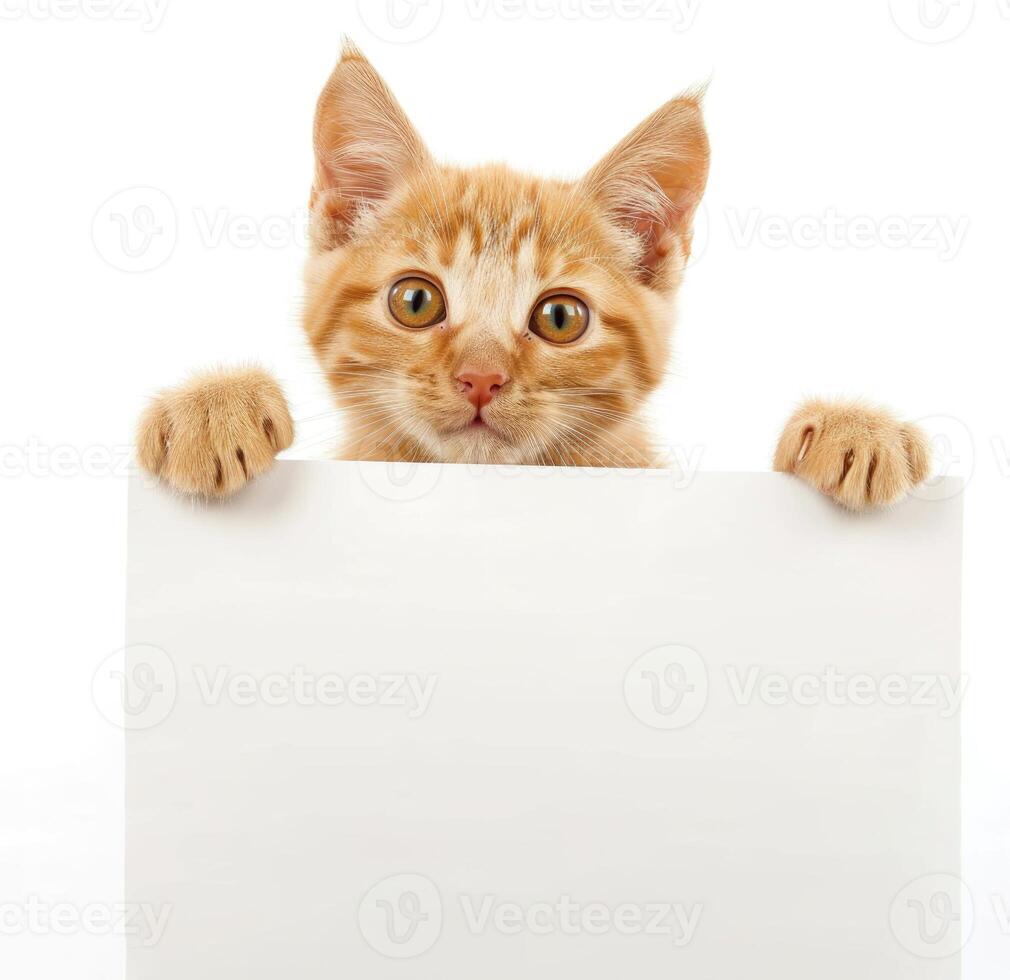 Adorable Ginger Kitten Holding Blank White Sign Isolated on White Background photo
