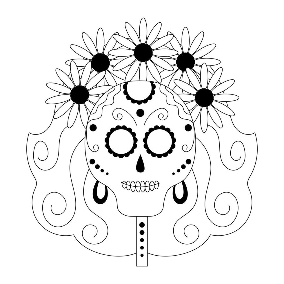 Dia de muertos, day of the dead. Female skull with flowers. Mexican holiday, festival. Black and white illustration. vector