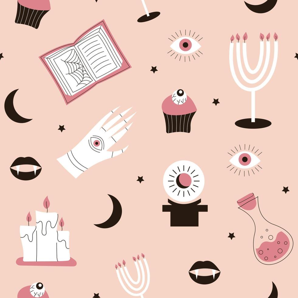 Witch seamless pattern. Potion, book, candles, eye, hand. illustration vector