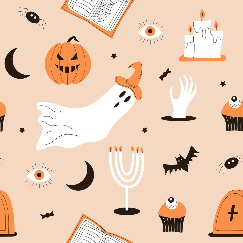 Halloween seamless pattern. Pumpkin, candles, ghost, cauldron, spider, eye. illustration vector