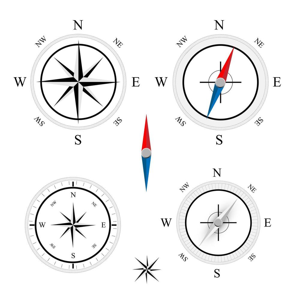 Compass set icons, navigation equipment sign, flat nautical chart wind rose icon, north, east, south, west, compass symbol collection. vector