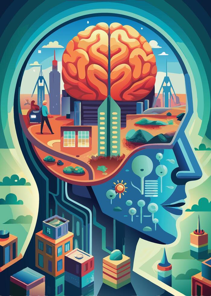 art of Human brain drawing Abstract minimal flat art vector