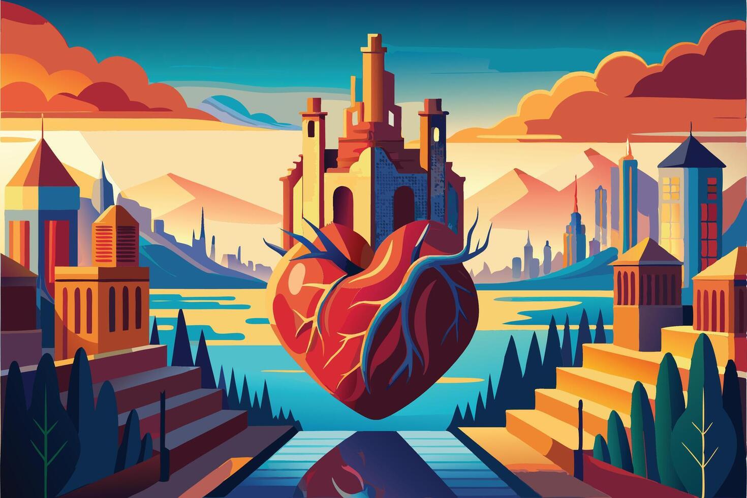 art of Human heart drawing Abstract minimal flat art vector