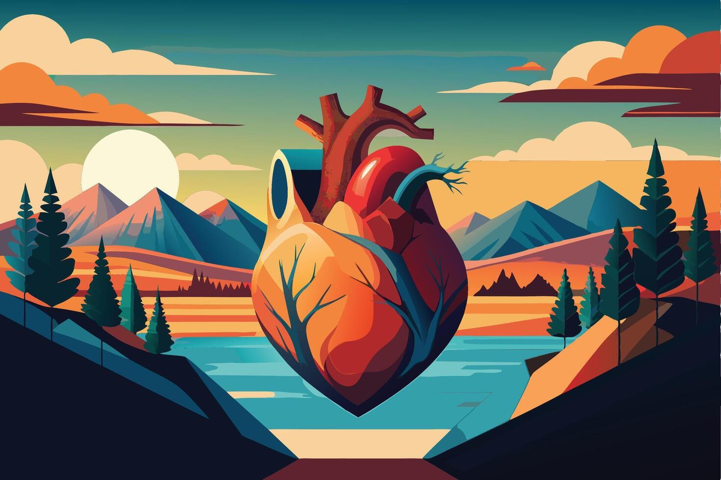 art of Human heart drawing Abstract minimal flat art vector