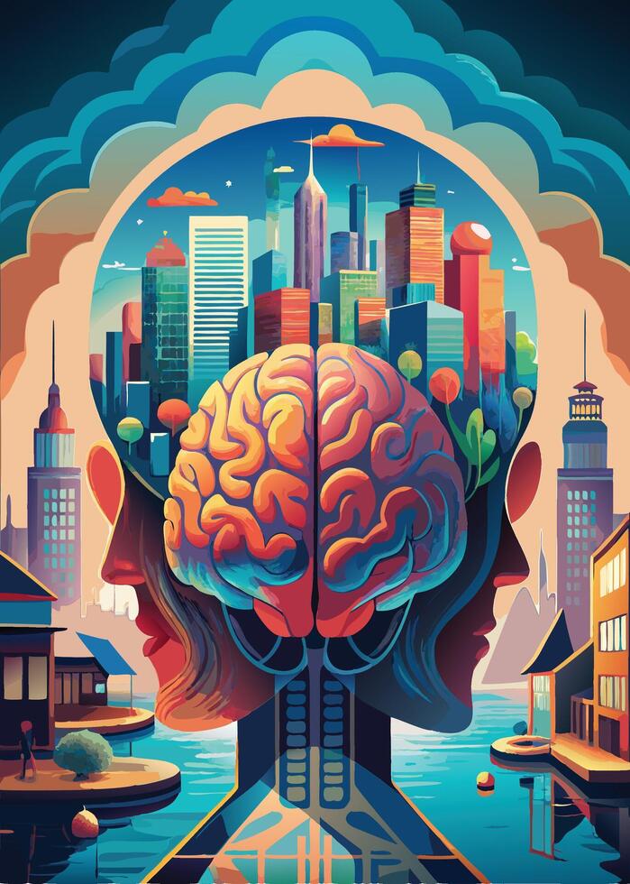 art of Human brain drawing Abstract minimal flat art vector